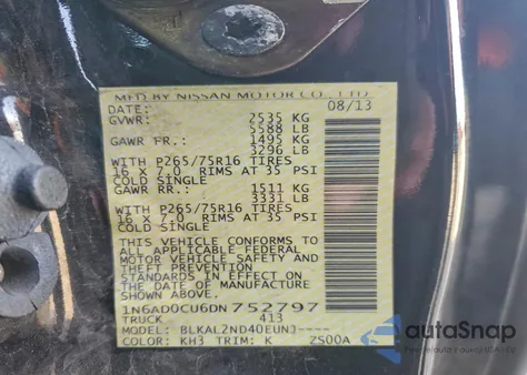 2013 Nissan Frontier Sv z USA, uszkodzony, nr VIN 1N6AD0CU6DN752797